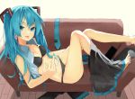  bangs black_bra black_panties black_skirt blue_eyes blue_hair blue_nails bra breasts cleavage collarbone collared_shirt commentary dress_shirt eyebrows_visible_through_hair grey_shirt hair_between_eyes hair_intakes hair_ornament hatsune_miku highres indoors long_hair looking_at_viewer lying middle_finger nail_polish on_back onkyi open_clothes open_shirt panties pleated_skirt shiny shiny_hair shirt skirt skirt_around_one_leg sleeveless sleeveless_shirt small_breasts solo toenail_polish tongue tongue_out underwear very_long_hair vocaloid white_background wing_collar 