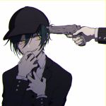  2boys black_hair black_jacket black_neckwear danganronpa dual_persona gun hair_between_eyes handgun hands_up hat highres holding holding_gun holding_weapon jacket long_sleeves looking_at_viewer male_focus multiple_boys nanin necktie new_danganronpa_v3 revolver saihara_shuuichi short_hair sideways_glance simple_background smile solo_focus striped_sleeves trigger_discipline upper_body weapon white_background yellow_eyes 