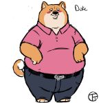  1:1 2020 absurd_res anthro belly blush bottomwear canid canine canis clothing domestic_dog hi_res male mammal overweight overweight_anthro overweight_male pants shirt simple_background solo text topwear trashtoonz white_background 