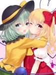  2girls :t aqua_hair black_headwear blonde_hair blue_eyes cheek-to-cheek commentary_request cravat eyebrows_visible_through_hair flandre_scarlet gradient gradient_background green_skirt hair_between_eyes hand_on_another&#039;s_back hat hat_ribbon heart heart_of_string hug komeiji_koishi long_sleeves looking_at_viewer multiple_girls no_hat no_headwear one_eye_closed one_side_up open_mouth pink_background puffy_short_sleeves puffy_sleeves red_eyes red_skirt red_vest ribbon shirt short_hair short_sleeves skirt standing third_eye tosakaoil touhou upper_body vest white_background white_shirt wings yellow_neckwear yellow_shirt 