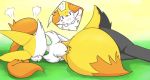  2020 ambiguous_gender angry big_ears blush braixen chest_tuft eiroru fluffy fluffy_tail fur hip_tuft inner_ear_fluff long_tail looking_away lying lying_on_ground multicolored_body multicolored_fur multicolored_tail nintendo on_side pok&eacute;mon pok&eacute;mon_(species) rear_view red_eyes ribbons semi-anthro shoulder_tuft simple_background smile solo tuft video_games white_body white_fur 