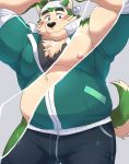  2020 absurd_res anthro belly black_nose blush bottomwear canid canine canis clothing domestic_dog fur green_body green_fur hi_res live-a-hero male mammal mokdai nipples o-ro overweight overweight_anthro overweight_male pants simple_background solo video_games 