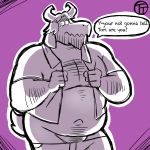  1:1 2020 anthro asgore_dreemurr beard belly boss_monster bovid caprine clothed clothing english_text facial_hair hi_res horn long_ears male mammal navel open_clothing open_shirt open_topwear overweight overweight_anthro overweight_male shirt solo text topwear trashtoonz undertale underwear undressing video_games 