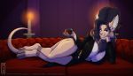  alcohol anthro beverage big_breasts breasts candle cleavage clothed clothing ear_piercing ear_ring elvira female huge_breasts llmixll lying mammal on_side piercing solo wide_hips wine wine_glass 