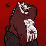  1:1 2020 absurd_res anthro belly blood bodily_fluids bottomwear butt clothing hi_res male mammal overweight overweight_anthro overweight_male pants red_background simple_background solo trashtoonz ursid 