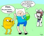  2020 ? adventure_time annoyed bottomwear canid canine canis cartoon_network clothing dialogue domestic_dog english_text felid finn_the_human grass hair hat headgear headwear hi_res human jake_the_dog male mammal outside ranged_weapon shirt shorts standing text tony_(tonytoran) tonytoran topwear weapon white_body 