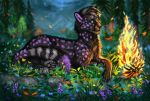  2020 4_toes black_nose blue_eyes canid canine detailed_background digital_media_(artwork) fire flashw forest fox grass mammal night outside paws smile toes tree 