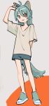  1girl :3 animal_ear_fluff animal_ears antenna_hair aqua_footwear aqua_hair arm_behind_back arm_up bangs bare_legs blue_shorts cat_ears cat_girl cat_tail closed_mouth collarbone contrapposto full_body grey_background grey_shirt hair_between_eyes hand_on_ear limited_palette looking_at_viewer niwabuki no_nose noshime_ruka original red_eyes shirt shoes short_sleeves shorts simple_background smile solo standing tail tareme two-tone_background 