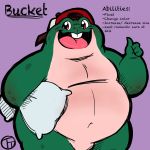  1:1 2020 amphibian anthro belly clothing english_text frog green_body hat headgear headwear hi_res humanoid_hands navel overweight overweight_anthro pillow solo text trashtoonz 