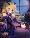  1girl asymmetrical_clothes bare_shoulders black_dress blonde_hair breasts dress eyepatch fischl_(genshin_impact) genshin_impact gloves long_hair long_sleeves looking_at_viewer optionaltypo pantyhose ribbon single_leg_pantyhose single_thighhigh sitting thighhighs twintails 