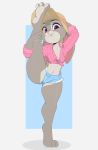  2020 absurd_res anthro bit-maki blush clothed clothing disney female flexible fur grey_body grey_fur hi_res judy_hopps lagomorph leporid looking_at_viewer mammal multicolored_body multicolored_fur open_mouth purple_eyes rabbit solo teeth thick_thighs zootopia 