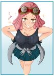 1girl absurdres black_shirt blush boku_no_hero_academia breasts brown_eyes cleavage collarbone gloves goggles goggles_on_head hatsume_mei highres laceysx looking_at_viewer medium_breasts medium_hair pink_hair shirt skirt sleeveless smile solo tied_shirt 