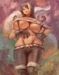  1girl :p animal_ears belt black_hair breasts fur_shirt giantess goggles goggles_on_head hair_over_one_eye hand_on_hip kazo large_breasts long_hair looking_at_viewer o-ring original purple_eyes skindentation solo tongue tongue_out 