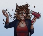  2020 annoyed blowdrying blowdrying_hair breasts chest_tuft colored_nails felid female hair hair_dryer holding_object human inner_ear_fluff mammal messy_hair nails red_nails simple_background solo transformation tuft werility 