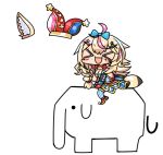 &gt;_&lt; 1girl :d animal animal_ear_fluff animal_ears bare_shoulders black_sleeves blonde_hair blue_bow bow braid breasts cleavage closed_eyes detached_ears detached_sleeves diamond_hair_ornament elephant gloves hair_bow hair_ornament hat heart heart_hair_ornament hololive jester_cap kanikama long_hair long_sleeves medium_breasts multicolored_hair omaru_polka open_mouth pantyhose pink_hair red_footwear red_gloves shoes side_braid simple_background single_braid single_detached_sleeve smile solo streaked_hair striped striped_legwear tail vertical-striped_legwear vertical_stripes very_long_hair virtual_youtuber white_background x_hair_ornament 