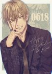  1boy bangs black_jacket black_neckwear black_shirt blurry border brown_eyes brown_hair character_name collared_shirt commentary_request depth_of_field english_text grin hair_between_eyes happy_birthday jacket jewelry kise_ryouta kuroko_no_basuke looking_at_viewer loose_necktie male_focus mashima_shima necktie number outside_border ring shirt short_hair single_earring smile solo twitter_username upper_body v_over_eye white_border 