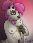  &lt;3 absurd_res anthro breasts canid canine collar dessert eye_contact female food fox hair hi_res ice_cream licking looking_at_another mammal nipple_piercing nipples nude owo piercing pink_hair portrait roxythefoxy solo tongue tongue_out 