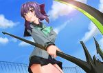  1girl aki_shun bow closed_mouth hair_bow hiiragi_shinoa looking_at_viewer medium_hair owari_no_seraph purple_hair school_uniform scythe skirt smile solo uniform weapon 