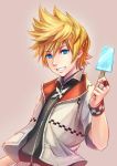  1boy blonde_hair blue_eyes food gogo_(detteiu_de) ice_cream jacket kingdom_hearts kingdom_hearts_ii looking_at_viewer male_focus roxas simple_background smile solo spiked_hair 