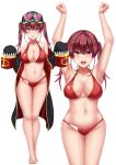  1girl :p armpits arms_up barefoot bikini breasts cleavage coat eyewear_on_head heterochromia highres hololive houshou_marine kinkin18 large_breasts red_bikini red_eyes red_hair solo sunglasses swimsuit tongue tongue_out twintails virtual_youtuber yellow_eyes 