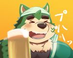  2020 anthro black_nose blush canid canine canis clothing domestic_dog eyes_closed fur green_body green_fur hi_res japanese_text kemono live-a-hero mammal mokdai portrait shimo_kawa shirt simple_background solo text topwear video_games 