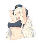  1girl animal_ears arknights armpits arms_behind_head bangs bear_ears black_bra blue_eyes bra breasts ce-_-3 cleavage eyebrows_visible_through_hair hat heterochromia long_hair navel red_eyes rosa_(arknights) simple_background solo sports_bra underwear undressing very_long_hair white_background white_hair 