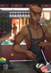  anthro bovid brown_body brown_fur caprine claws cooking detailed_background euplerid felix_(kevintheradioguy) food fossa fur genitals goat hi_res humanoid_genitalia humanoid_penis kevintheradioguy kitchen male mammal penis tan_body tan_fur yellow_eyes 