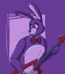  2020 animatronic anthro bonnie_(fnaf) bow dompteuseartist fingers five_nights_at_freddy&#039;s freckles fur guitar half-closed_eyes hi_res lagomorph leporid long_ears machine male mammal musical_instrument narrowed_eyes plucked_string_instrument purple_background purple_body purple_fur rabbit red_eyes robot simple_background solo standing string_instrument video_games 