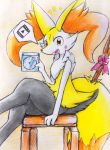  2020 ambiguous_gender big_ears blush braixen cd chest_tuft cute_expression dvd eiroru fluffy fluffy_tail fur furniture hi_res hip_tuft holding_object inner_ear_fluff long_tail looking_at_viewer multicolored_body multicolored_fur multicolored_tail nintendo open_mouth open_smile pink_tongue pok&eacute;mon pok&eacute;mon_(species) portrait red_eyes ribbons seat semi-anthro shoulder_tuft side_view simple_background sitting smile solo stick stool thigh_gap tongue traditional_media_(artwork) tuft video_games white_body white_fur 