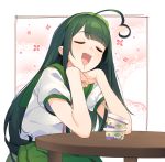  1girl ahoge blush chin_rest closed_eyes commentary_request dark_green_hair doily drooling elbows_on_table floral_background green_hairband green_sailor_collar green_skirt haagen-dazs hairband highres ice_cream_cup long_hair mouth_drool neck_ribbon open_mouth pea_pod pleated_skirt ribbon sailor_collar school_uniform serafuku shirinda_fureiru shirt sitting skirt solo spoon table touhoku_zunko voiceroid white_shirt 