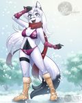  4:5 abluedeer anthro bikini boots breasts canid canine cleavage clothed clothing cold female fluffy fluffy_tail footwear fox fur gloves hair handwear hi_res holly_(abluedeer) mammal midriff navel outside purple_eyes scarf skimpy sky smile snow solo swimwear tree white_body white_fur white_hair winter 