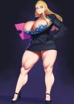  1girl absurdres blonde_hair blue_eyes bra breasts cleavage folder gloves hidarikiki highres large_breasts long_hair looking_at_viewer muscle office_lady original simple_background solo thick_thighs thighs underwear 