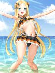  1girl abigail_williams_(fate/grand_order) absurdres bangs bare_shoulders bikini black_bikini black_bow black_skirt blonde_hair blue_eyes blush bow breasts collarbone emerald_float fate/grand_order fate_(series) forehead frilled_bikini frills highres huge_filesize long_hair looking_at_viewer manu_lee microskirt multiple_bows navel ocean open_mouth orange_bow parted_bangs polka_dot polka_dot_bow sidelocks skirt small_breasts smile swimsuit thighs 