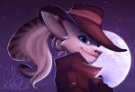  2019 alternate_costume angela_cross anthro blue_eyes brown_nose cheek_tuft clothing facial_tuft farorest female fur hair hat head_tuft headgear headwear hi_res highlights_(coloring) lombax mammal markings moon night ponytail ratchet_and_clank signature smile solo sony_corporation sony_interactive_entertainment star tuft video_games yellow_body yellow_fur 
