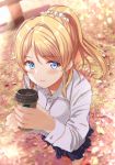  1girl ayase_eli bangs blonde_hair blue_eyes blue_skirt blush breasts coffee_cup collar collared_shirt cup disposable_cup dress_shirt eyebrows_visible_through_hair from_above fushimi_asuha hair_between_eyes highres holding holding_cup leaf long_sleeves looking_at_viewer love_live! love_live!_school_idol_project medium_breasts nail outdoors pleated_skirt ponytail school_uniform scrunchie shirt sidelocks skirt smile solo sunset white_collar white_scrunchie white_shirt 