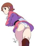  1girl ascot boots brown_hair dress frau_bow gundam looking_at_viewer military military_uniform mobile_suit_gundam panties pantyshot short_hair simple_background solo tsukudani_(coke-buta) underwear uniform upskirt white_background 