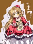  1girl blonde_hair crown dress flower_knight_girl frilled_dress frills heart izumi_yukiru kurumi_(flower_knight_girl) lace_trim long_hair red_dress solo translated yellow_eyes 