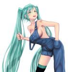  1girl absurdres alternate_costume aqua_eyes aqua_hair asymmetrical_legwear blush breasts cowboy_shot denim hand_in_pocket hatsune_miku highres koba_(furikake-p) long_hair naked_overalls off_shoulder open_mouth overalls sideboob simple_background single_thighhigh smile solo strap_slip thighhighs twintails very_long_hair vocaloid white_background 
