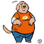  1:1 2020 absurd_res anthro black_nose bottomwear brown_body brown_fur canid canine canis clothing domestic_dog fur hi_res male mammal overweight overweight_anthro overweight_male pants shirt simple_background solo text topwear trashtoonz white_background 