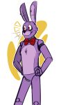  animatronic anthro bonnie_(fnaf) bow dompteuseartist five_nights_at_freddy&#039;s freckles fur hands_on_hips happy head_tuft inner_ear_fluff lagomorph leporid long_ears looking_aside machine male mammal purple_body purple_fur rabbit red_eyes robot simple_background smile solo tuft video_games white_background 