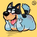  1:1 2020 anthro bandit_(bluey) blue_body bluey_(show) bodily_fluids butt canid canine canis domestic_dog drooling hi_res mammal saliva simple_background slightly_chubby solo tongue tongue_out trashtoonz yellow_background 