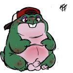  1:1 2020 amphibian anthro balls belly blush clothing frog genitals green_body hat headgear headwear hi_res male navel overweight overweight_anthro overweight_male penis simple_background sitting solo trashtoonz white_background 