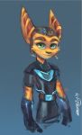  2019 anthro armor belt blue_background brown_markings brown_nose cheek_tuft clothing ear_markings eyebrows facial_markings facial_tuft fingers fur gloves glowing green_eyes handwear hat head_markings head_tuft headgear headwear hi_res lombax male mammal markings ratchet ratchet_and_clank simple_background solo sony_corporation sony_interactive_entertainment standing tuft video_games yellow_body yellow_fur zombiy 