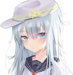  1girl absurdres bangs blue_eyes commentary_request eyebrows_visible_through_hair eyes_visible_through_hair flat_cap hair_between_eyes hammer_and_sickle hat hibiki_(kancolle) highres kantai_collection light_blue_hair long_hair looking_at_viewer lshiki messy_hair print_headwear revision school_uniform serafuku simple_background solo upper_body verniy_(kancolle) white_background 