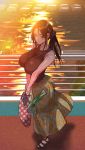  1girl absurdres bag bangs bra_strap breast_press breasts highres housewife large_breasts noah_(pixiv) original ponytail reflection shopping_bag skirt sleeveless solo spring_onion sunset tank_top walking 