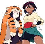  2girls ajna_(indivisible) bags_under_eyes beads bike_shorts black_hair bracelet brown_hair dark_skin hair_ornament indivisible jewelry lantern looking_at_viewer multiple_girls pelt razmi_(indivisible) red_eyes short_hair standing tiger_pelt tsukudani_(coke-buta) 