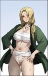  1girl bandages blonde_hair blush breasts brown_eyes cameltoe collarbone crystal facial_mark fingernails gradient gradient_background hair_over_one_eye hand_on_hip jewelry large_breasts long_hair mature naruto naruto_(series) navel necklace parted_lips smile solo standing sweat tsunade twintails zako8211 