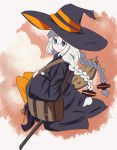  1girl :&gt; bag black_dress black_headwear blue_eyes boots braid broom broom_riding commentary dress full_body hair_tubes hat high_heels highres kakihito_shirazu kizuna_akari large_hat long_hair orange_background orange_legwear shoulder_bag silver_hair sitting smile solo star_(symbol) thighhighs twin_braids very_long_hair voiceroid witch witch_hat 