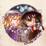  2girls black_skirt colored_pencil_(medium) dress fedora ghostly_field_club hat maribel_hearn marker_(medium) mob_cap multiple_girls night night_sky outdoors purple_dress shirt skirt sky tombstone touhou traditional_media usami_renko user_vfsh8325 white_shirt 