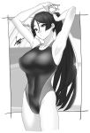  1girl adjusting_hair alternate_costume armpits arms_up bangs banned_artist border breasts fate/grand_order fate_(series) greyscale iwamoto_eiri large_breasts long_hair minamoto_no_raikou_(fate/grand_order) monochrome one-piece_swimsuit parted_bangs ponytail swimsuit thighs tying_hair very_long_hair white_border 